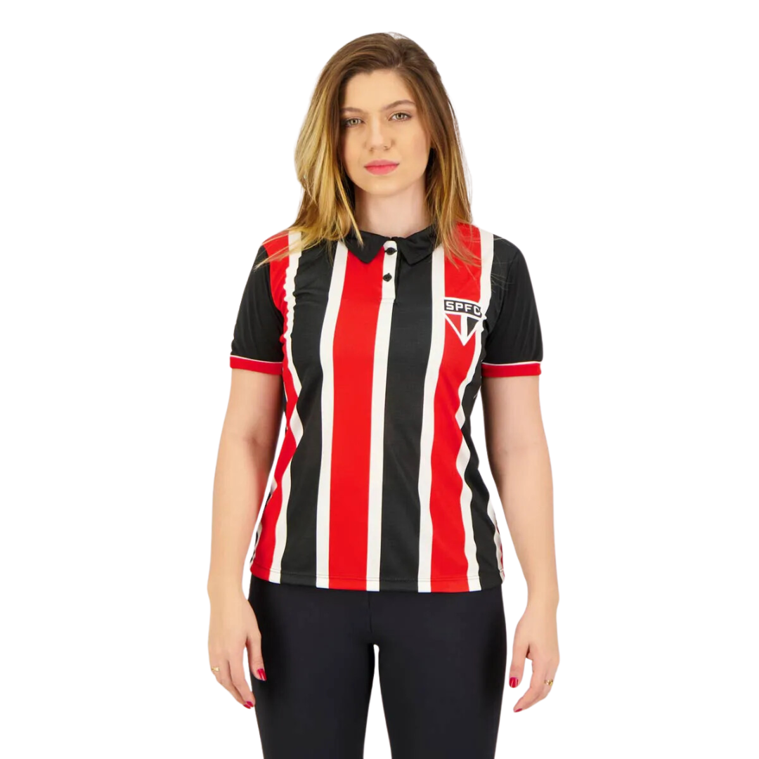 Polo São Paulo Fictional Feminina Branca Vermelha e Preta